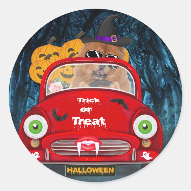 Chow Chow Dog Driving Car Scary Halloween  Classic Round Sticker (Front)
