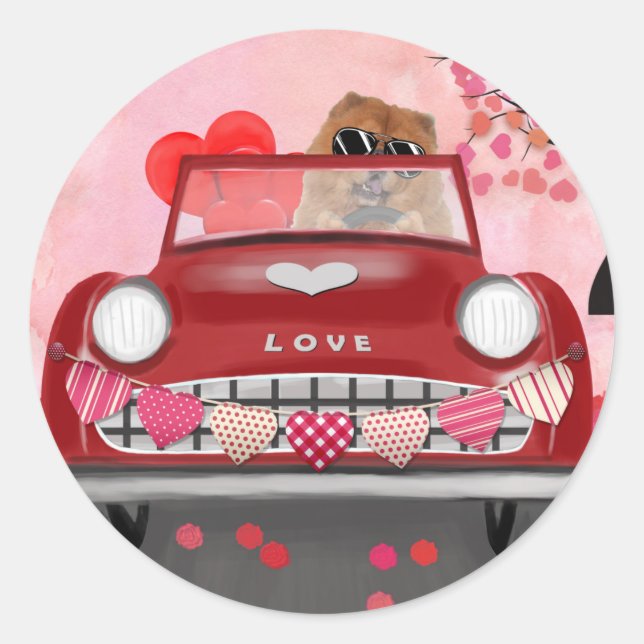 Chow Chow Dog Driving Car with Hearts Valentine's Classic Round Sticker (Front)