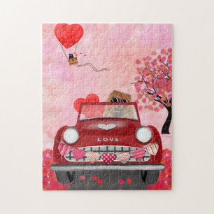 Chow Chow Dog Driving Car with Hearts Valentine's Jigsaw Puzzle