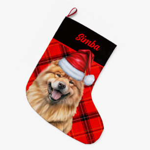 Chow Chow Dog Holiday Red Plaid Personalised Large Christmas Stocking
