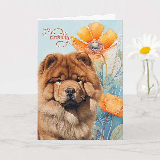 Chow Chow Dog in an Orange Poppy Garden Birthday Card (Small Plant)