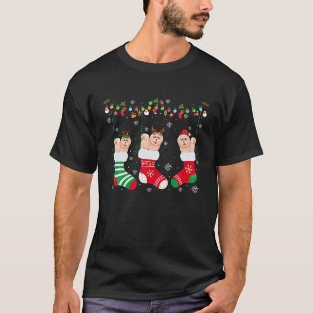Chow Chow Dog in Christmas Socks Santa Hat Lights  T-Shirt (Front)