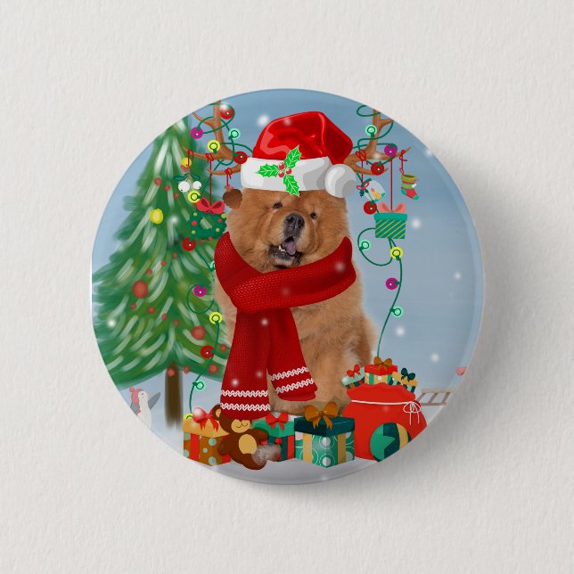 Chow Chow Dog in Snow with Christmas Gifts 6 Cm Round Badge (Front)