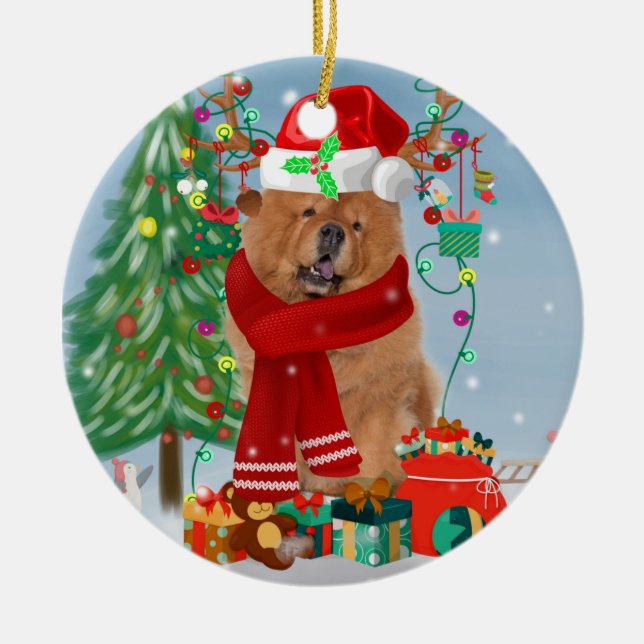 Chow Chow Dog in Snow with Christmas Gifts  Ceramic Tree Decoration (Front)
