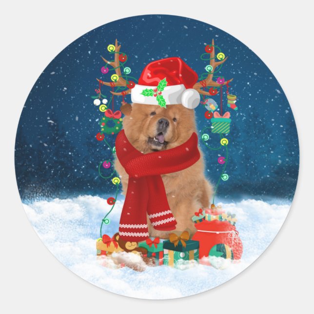 Chow Chow Dog in Snow with Christmas Gifts  Classic Round Sticker (Front)