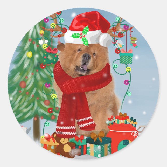Chow Chow Dog in Snow with Christmas Gifts Classic Round Sticker (Front)