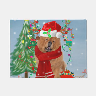 Chow Chow Dog in Snow with Christmas Gifts Doormat