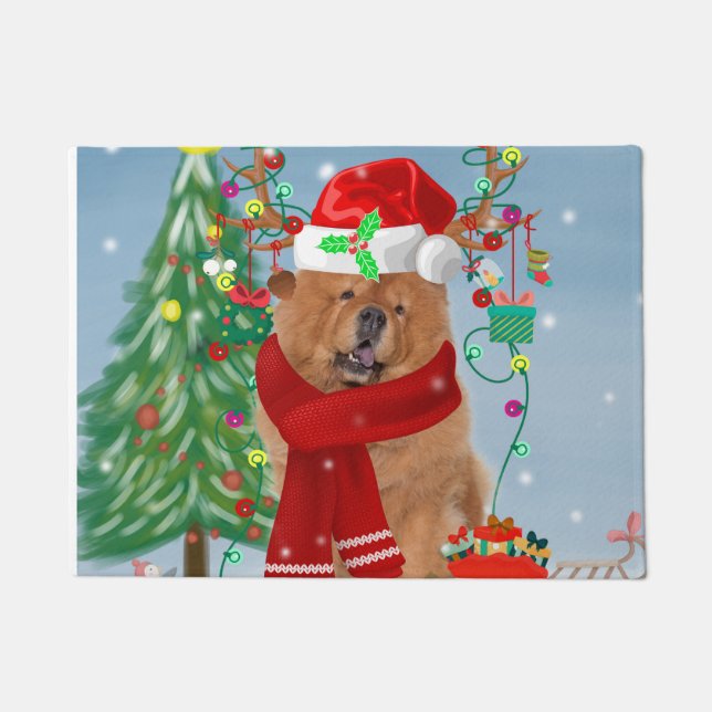 Chow Chow Dog in Snow with Christmas Gifts Doormat (Front)