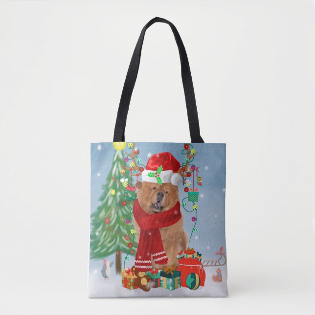 Chow Chow Dog in Snow with Christmas Gifts  Tote Bag (Front)