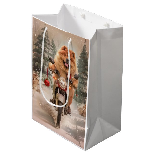 Chow Chow Dog Riding Motorcycle Christmas Medium Gift Bag (Front Angled)