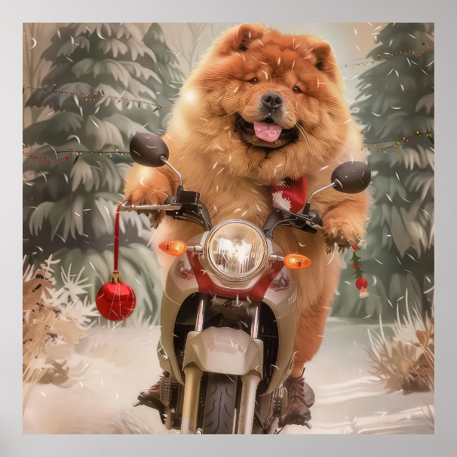 Chow Chow Dog Riding Motorcycle Christmas Poster (Front)