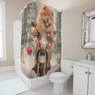 Chow Chow Dog Riding Motorcycle Christmas Shower Curtain