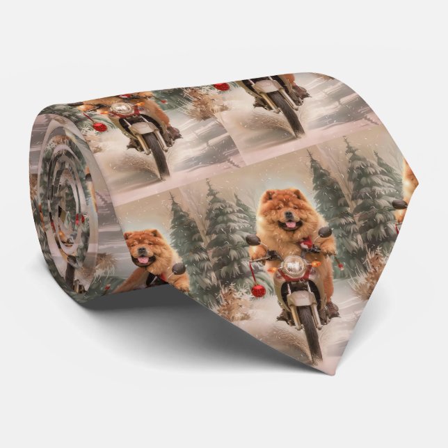 Chow Chow Dog Riding Motorcycle Christmas Tie (Rolled)
