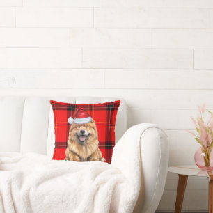 Chow Chow Dog Santa Plaid Christmas Holiday Cushion