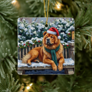 Chow Chow Dog Serene Winter Garden Christmas Art Ceramic Ornament