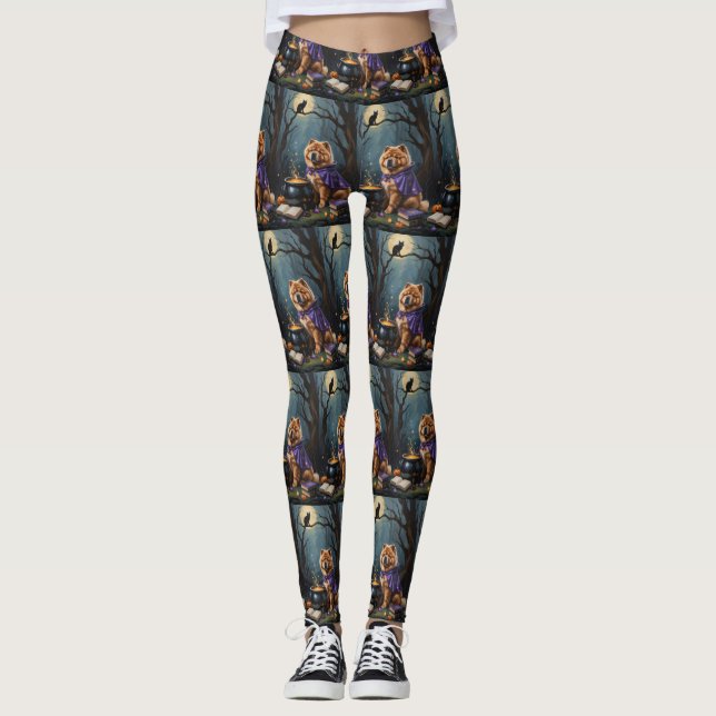 Chow Chow Dog Whimsical Halloween Painting Leggings (Front)