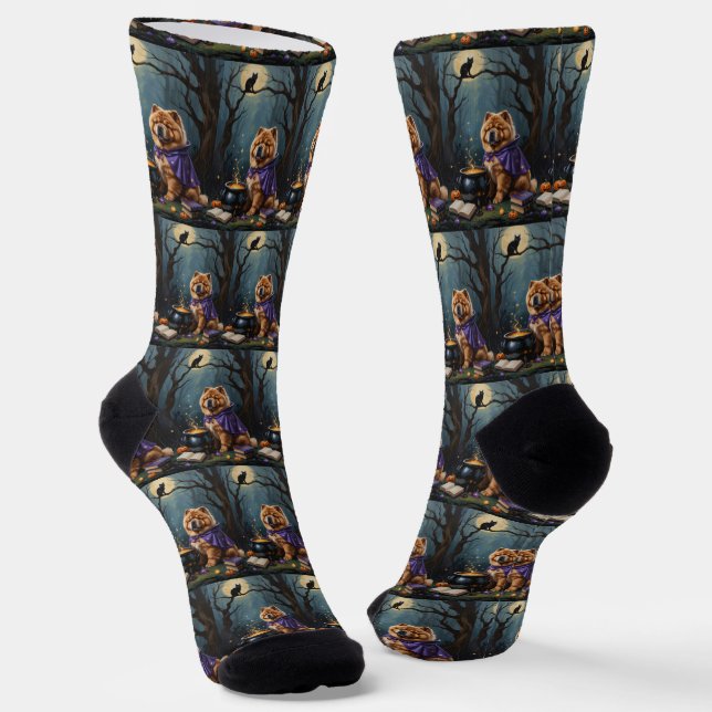 Chow Chow Dog Whimsical Halloween Painting Socks (Angled)