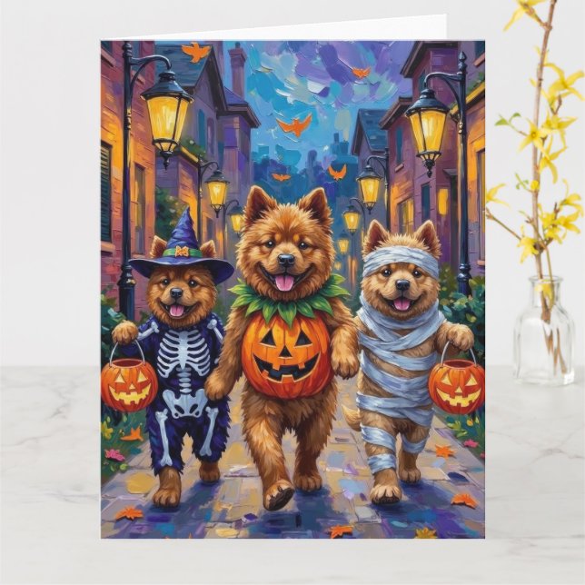 Chow Chow Dogs Trick-or-Treating Halloween Costume Card (Yellow Flower)