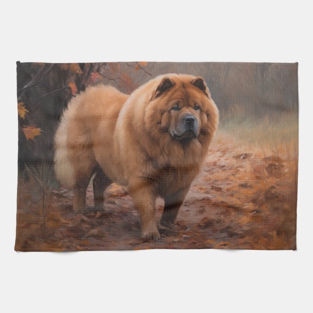 Chow Chow in Autumn Leaves Fall Inspire  Tea Towel (Horizontal)