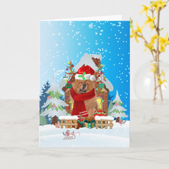 Chow Chow in snow with Christmas gifts  Card (Yellow Flower)