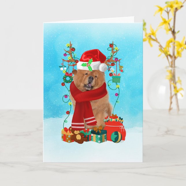 Chow Chow in snow with Christmas gifts Card (Yellow Flower)