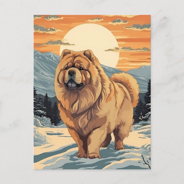 Chow Chow in the snowy mountains during sunset Postcard (Front)