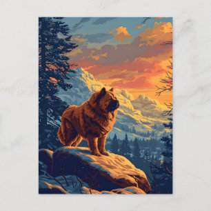 Chow Chow in the snowy mountains during sunset Postcard
