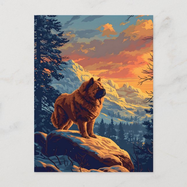 Chow Chow in the snowy mountains during sunset Postcard (Front)