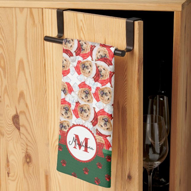 Chow Chow Pattern Monogram Christmas Dog Tea Towel (Thirds Fold)