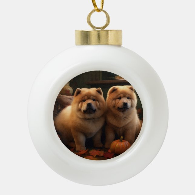 Chow Chow Puppy Autumn Delight Pumpkin Ceramic Ball Christmas Ornament (Front)