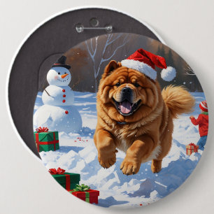 Chow Chow Running in Snow with Christmas Hat 6 Cm Round Badge