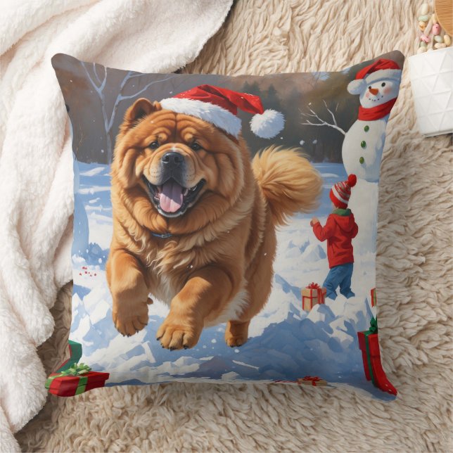Chow Chow Running in Snow with Christmas Hat Cushion (Blanket)