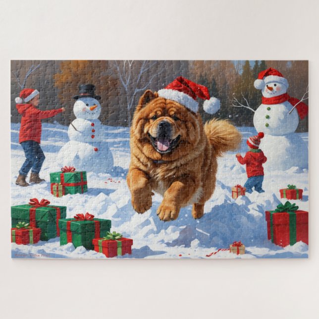 Chow Chow Running in Snow with Christmas Hat Jigsaw Puzzle (Horizontal)