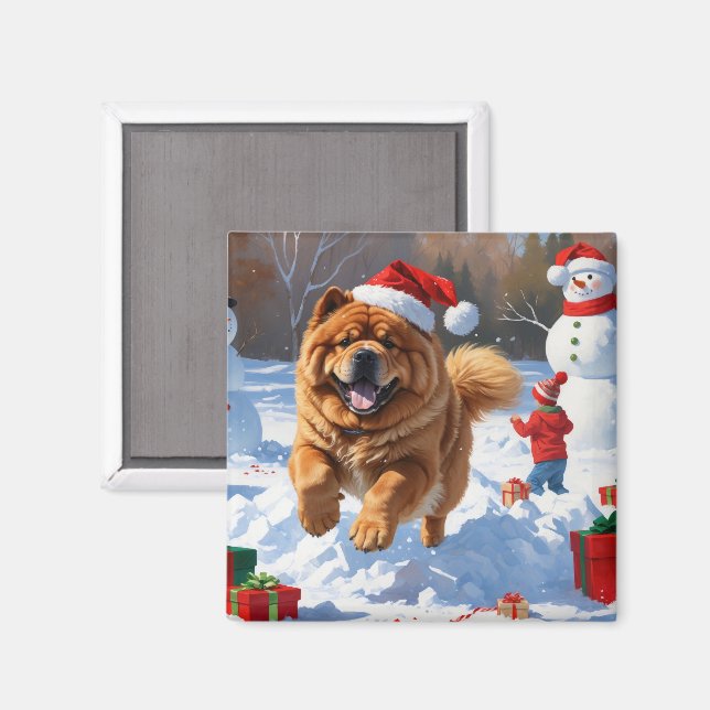 Chow Chow Running in Snow with Christmas Hat Magnet (Front/Back)