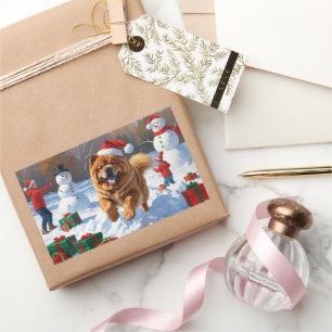 Chow Chow Running in Snow with Christmas Hat Rectangular Sticker
