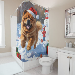 Chow Chow Running in Snow with Christmas Hat Shower Curtain