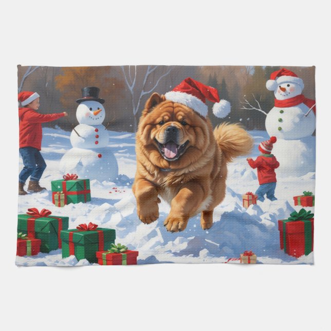 Chow Chow Running in Snow with Christmas Hat Tea Towel (Horizontal)