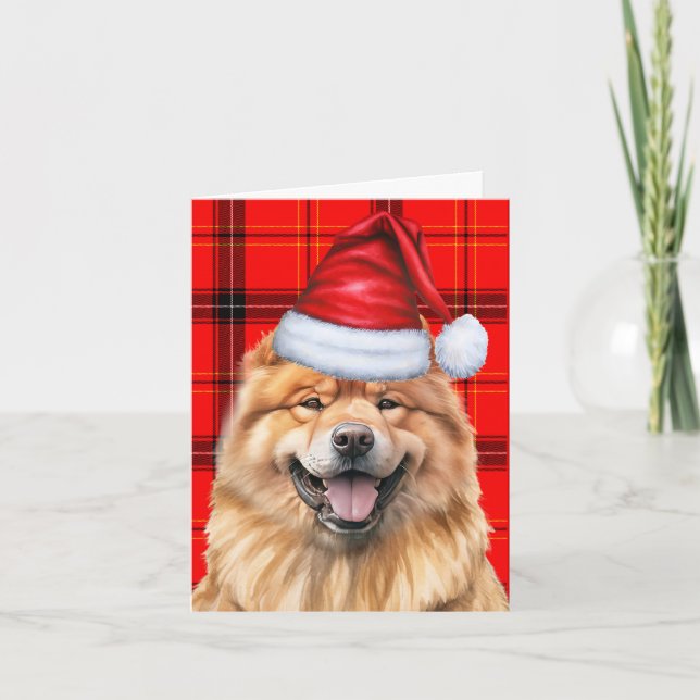 Chow Chow Santa Dog Red Plaid Christmas Holiday Card (Front)