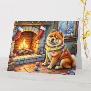 Chow Chow Sitting Fireplace with Christmas Lights Card