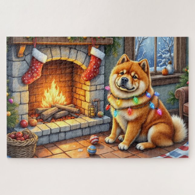Chow Chow Sitting Fireplace with Christmas Lights Jigsaw Puzzle (Horizontal)