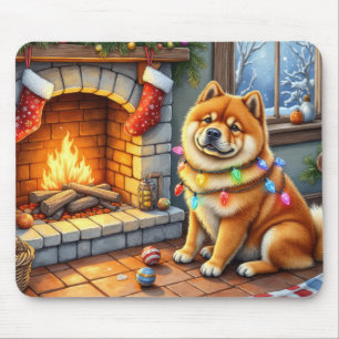 Chow Chow Sitting Fireplace with Christmas Lights Mouse Pad
