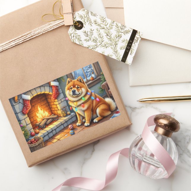 Chow Chow Sitting Fireplace with Christmas Lights Rectangular Sticker (Gifting)