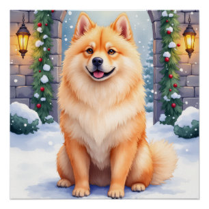 Chow Chow Snowy Stone Courtyard Christmas Art Poster