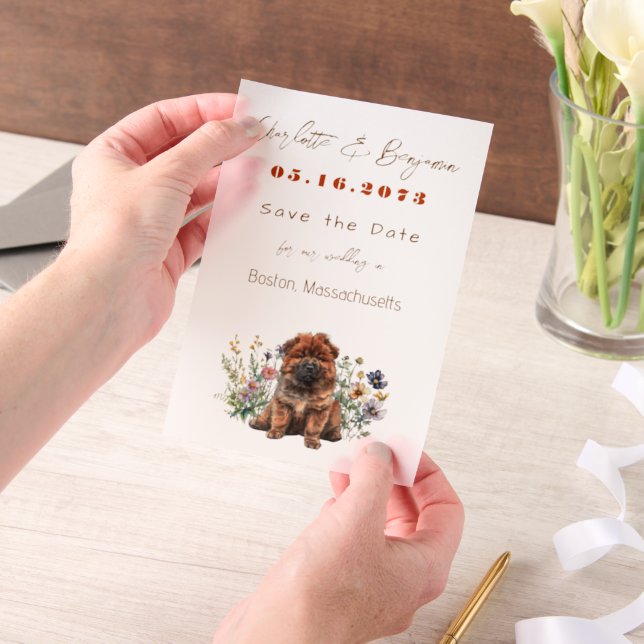 Chow Puppy Dog and Wildflowers Save the Date Vellum Invitations (Handheld)