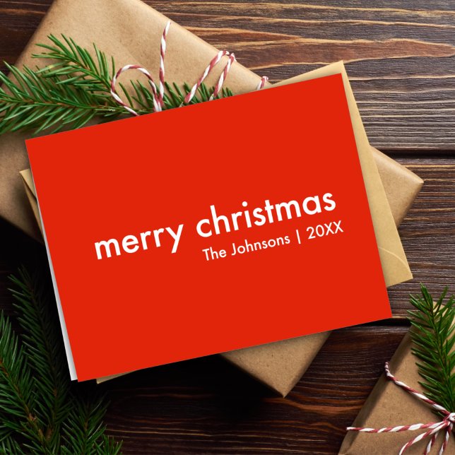 Chrismas Plain | Modern Minimal Bright Red Name Holiday Card (Creator Uploaded)