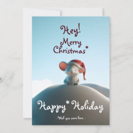 Chrismas santa hat mouse on snow mountain holiday card