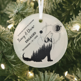 Chrismast Outdoor Wolf Moon PineTree Couple Engage Glass Tree Decoration