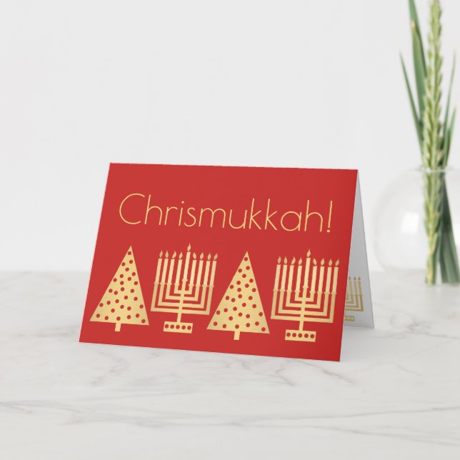 Chrismukkah Gold And Red Holiday Add Your Photo Card (Front)