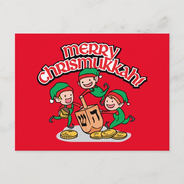 Chrismukkah greeting card with elves and dreidels (Front)