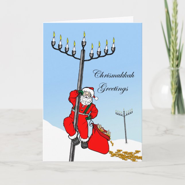 Chrismukkah, Interfaith Holiday, Santa and Menorah Holiday Card (Front)